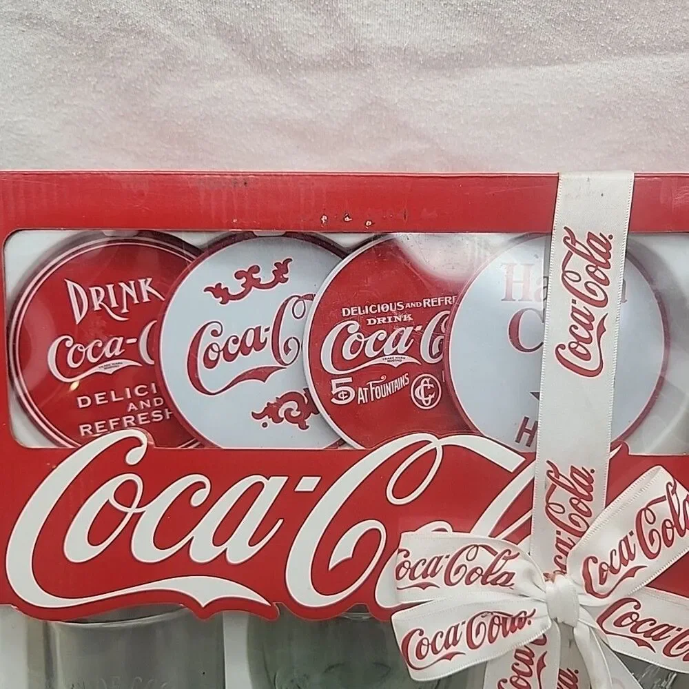 Glassware COCA COLA COLLECTORS SET, 4 Glasses, Coasters, Pretzels Vintage Coke